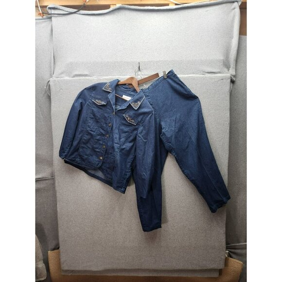 Alfred Dunner Womens Denim Beaded Collar Jacket & Pull-On Pants Set Size 14 Cott - Picture 1 of 8